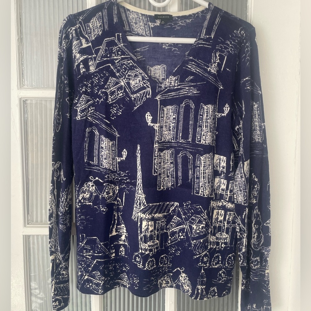 Talbots Navy Paris Scene V-Neck Merino Wool Sweater